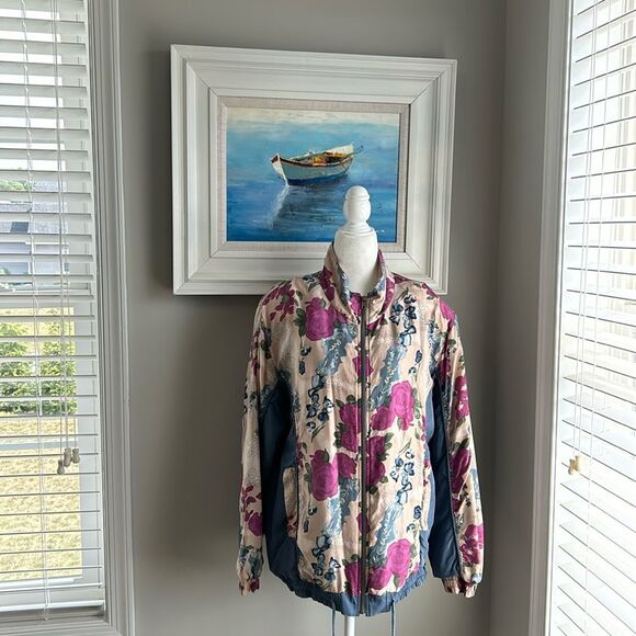 Vintage 90s Hunt Club Silk Floral Windbreaker Zipper Jacket Medium - Picture 2 of 13